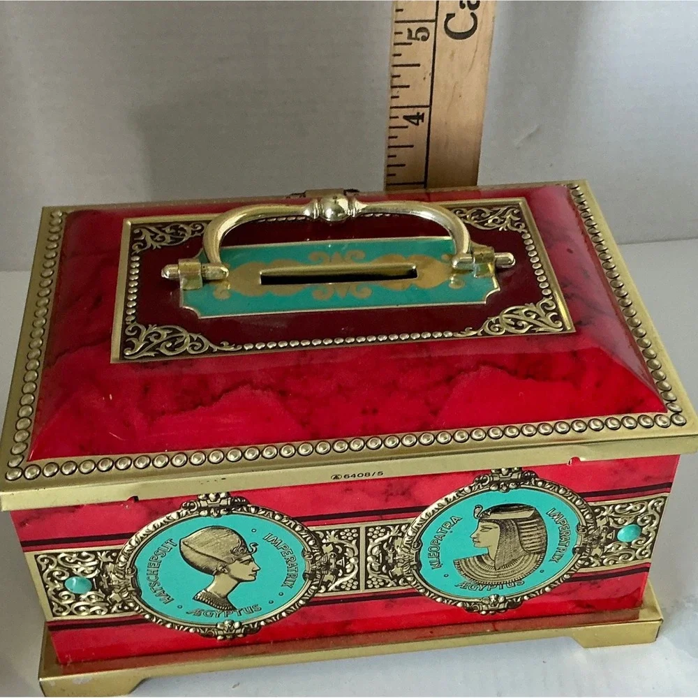 Blue Bird Vintage Egyptian Confectionery Tin Money Box Cleopatra Tutankhamun Red